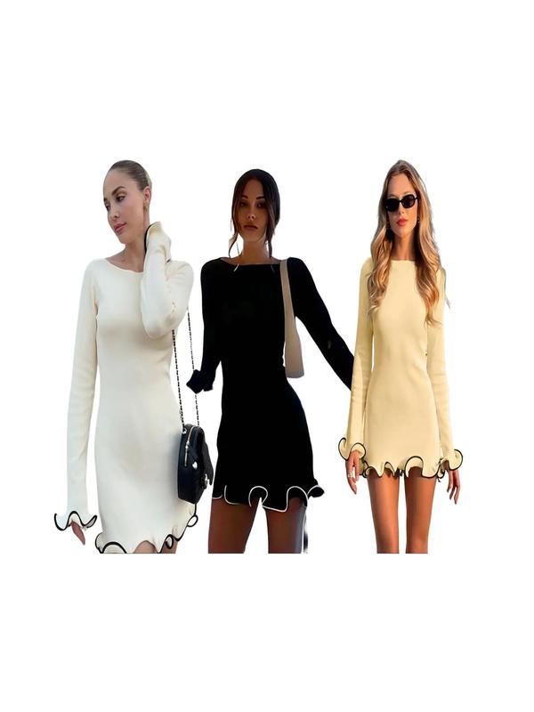 SARAH™ - Abito A-Line a Maniche Lunghe con Orlo a Onde e Color Block Elegante