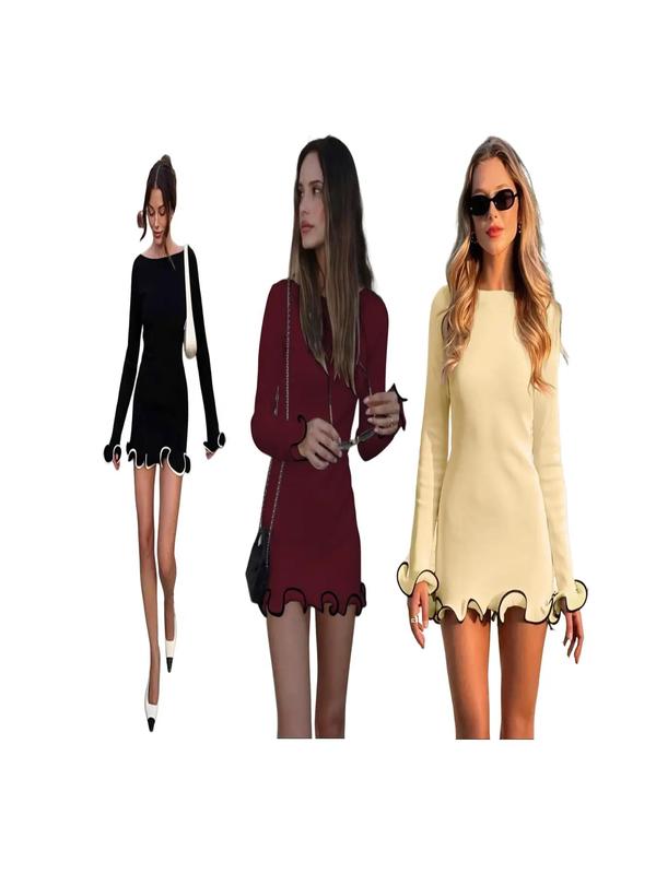 SARAH™ - Abito A-Line a Maniche Lunghe con Orlo a Onde e Color Block Elegante