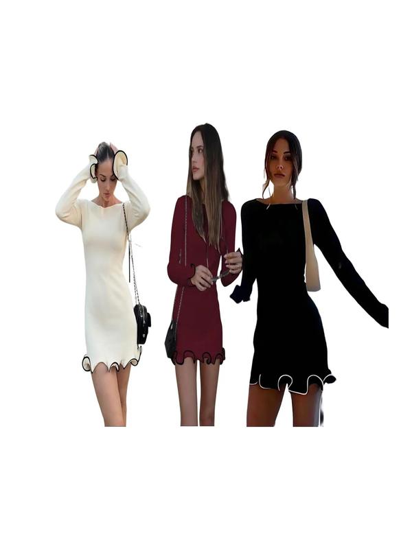 SARAH™ - Abito A-Line a Maniche Lunghe con Orlo a Onde e Color Block Elegante