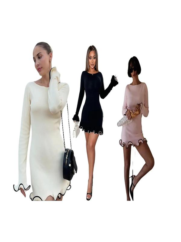 SARAH™ - Abito A-Line a Maniche Lunghe con Orlo a Onde e Color Block Elegante