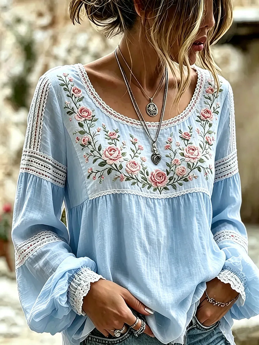 Fiamma | Blusa in Lino con Ricamo di Rose