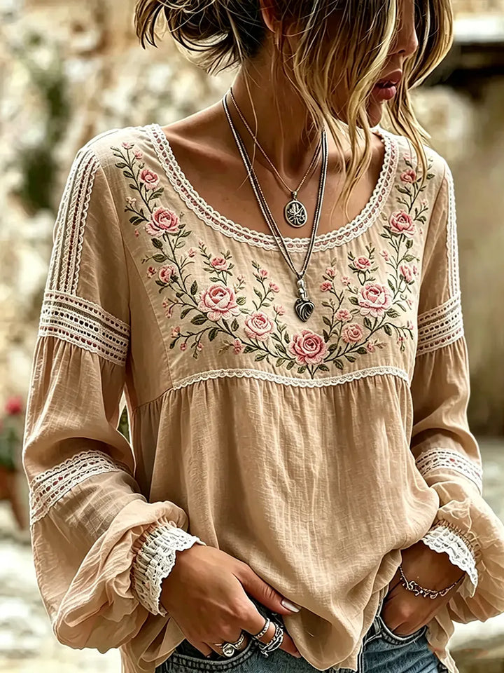Fiamma | Blusa in Lino con Ricamo di Rose